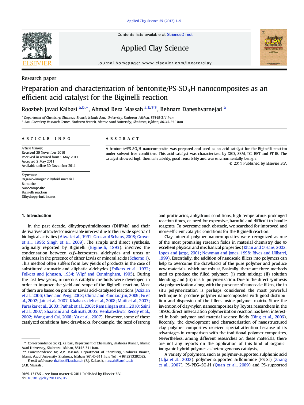 Preparation and characterization of bentonite/PS-SO3H nanocomposites as an efficient acid catalyst for the Biginelli reaction