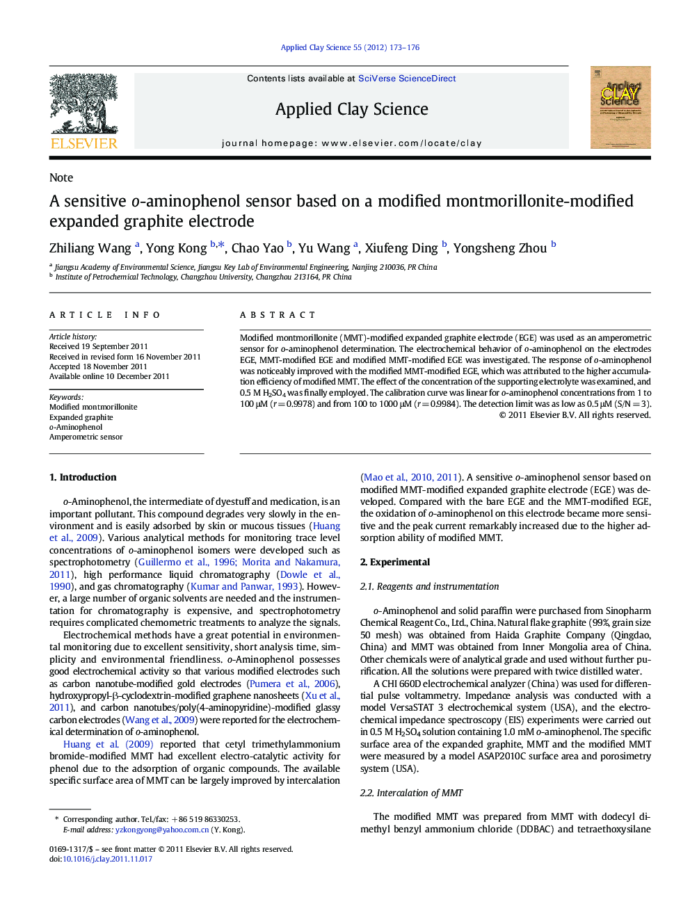 A sensitive o-aminophenol sensor based on a modified montmorillonite-modified expanded graphite electrode