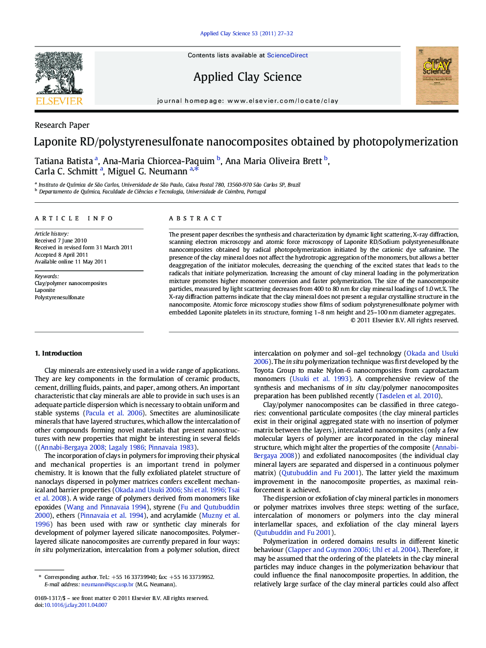 Laponite RD/polystyrenesulfonate nanocomposites obtained by photopolymerization