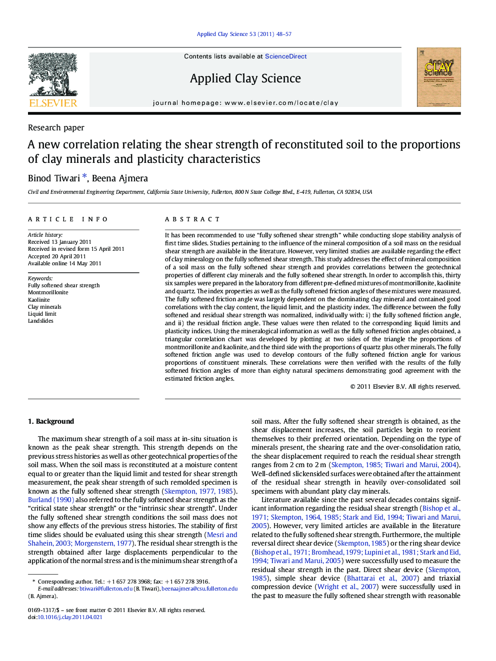 A new correlation relating the shear strength of reconstituted soil to the proportions of clay minerals and plasticity characteristics