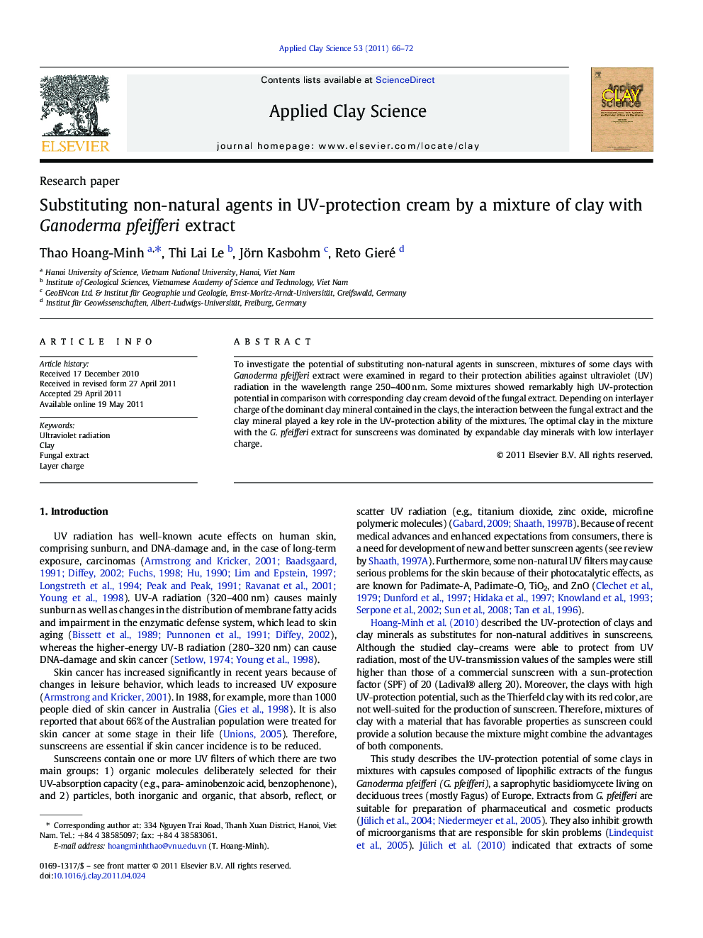 Substituting non-natural agents in UV-protection cream by a mixture of clay with Ganoderma pfeifferi extract