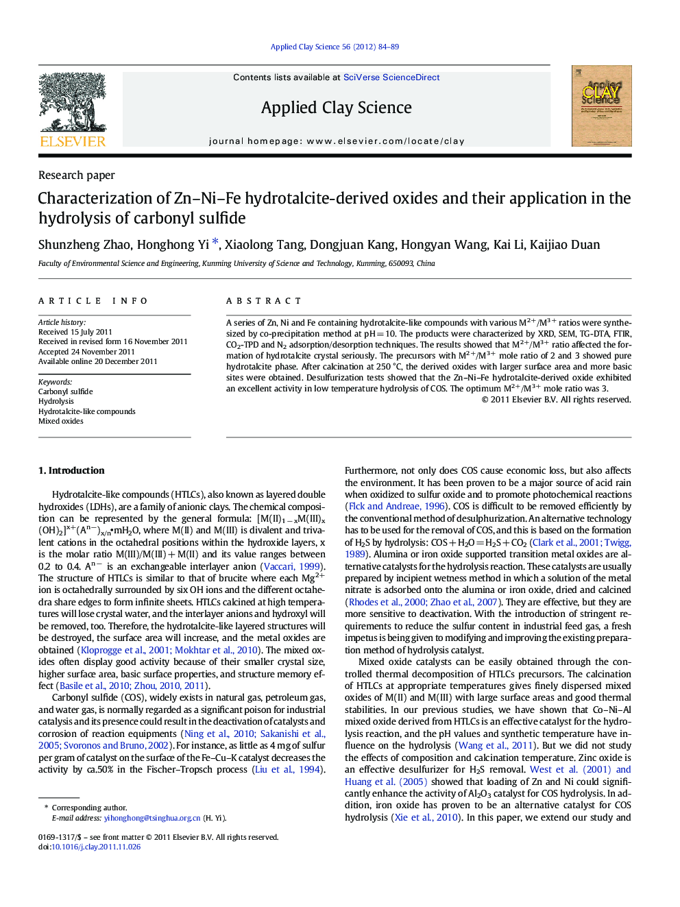 Characterization of Zn–Ni–Fe hydrotalcite-derived oxides and their application in the hydrolysis of carbonyl sulfide