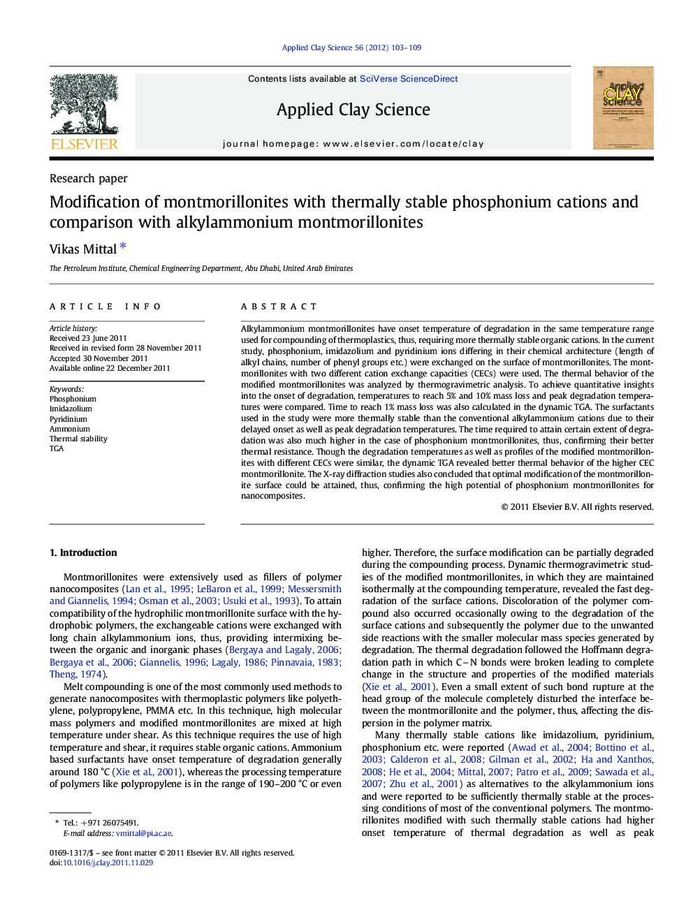 Modification of montmorillonites with thermally stable phosphonium cations and comparison with alkylammonium montmorillonites
