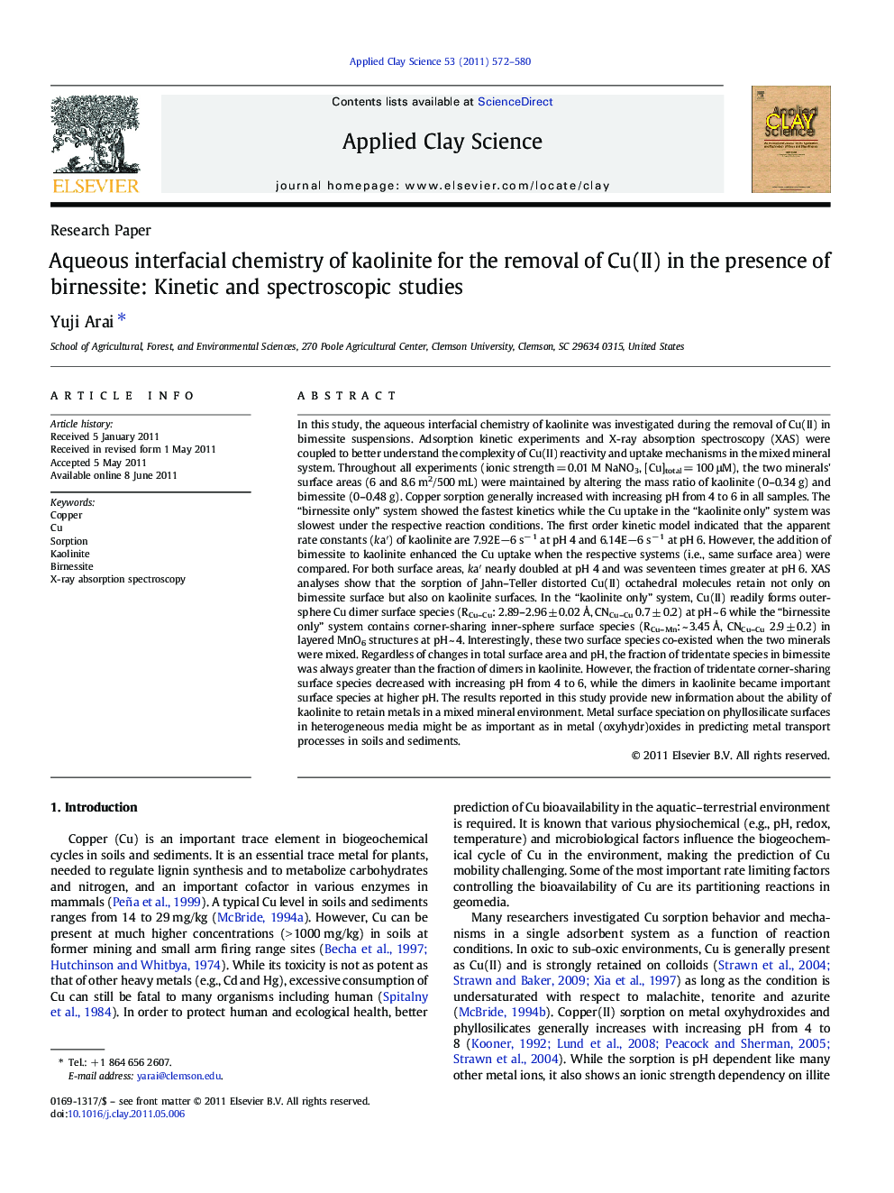 Aqueous interfacial chemistry of kaolinite for the removal of Cu(II) in the presence of birnessite: Kinetic and spectroscopic studies