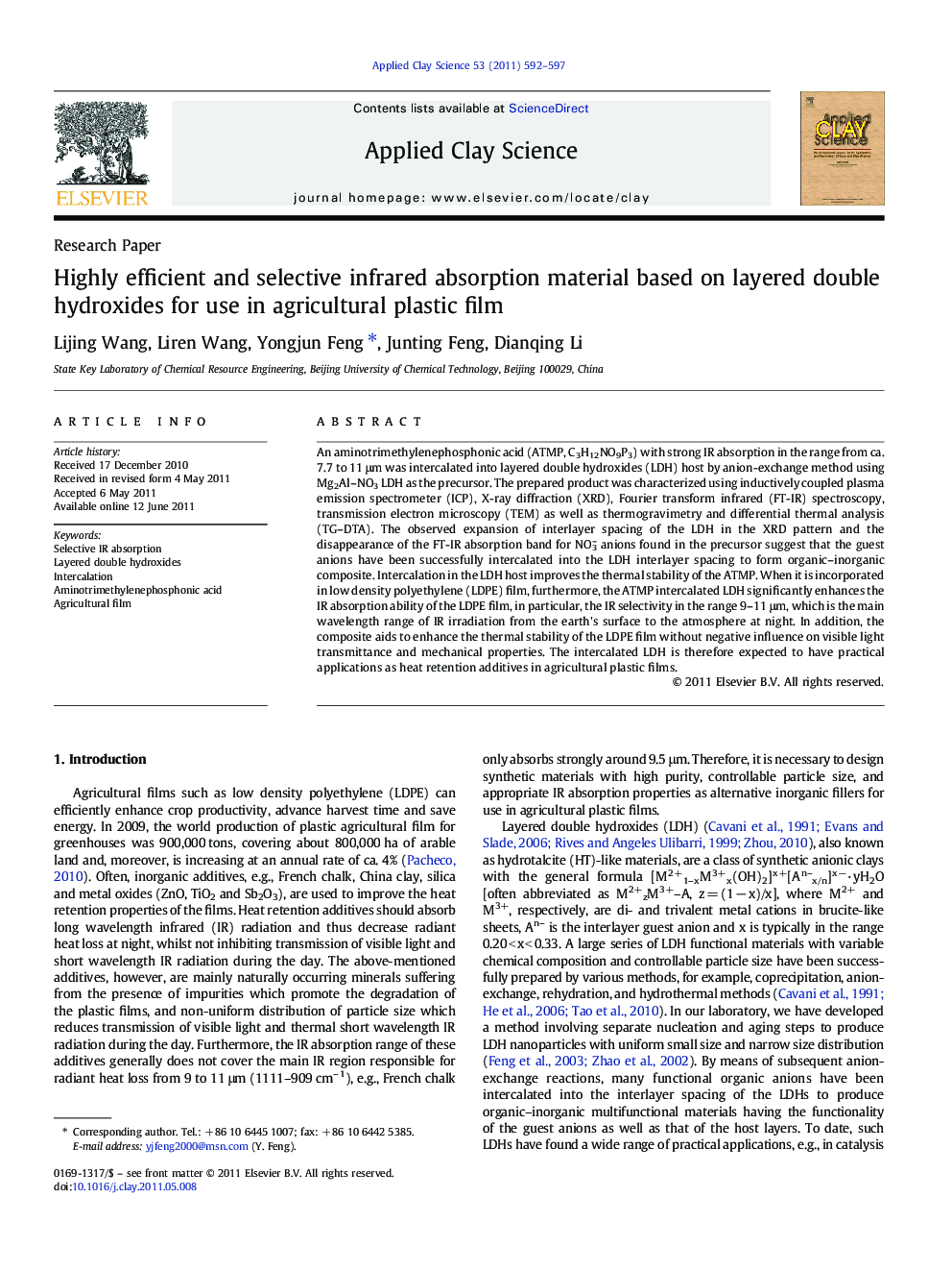 Highly efficient and selective infrared absorption material based on layered double hydroxides for use in agricultural plastic film