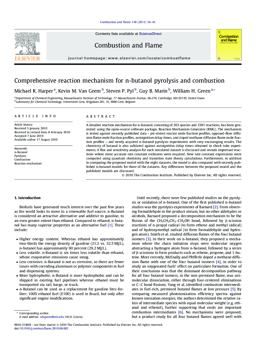 Comprehensive reaction mechanism for n-butanol pyrolysis and combustion