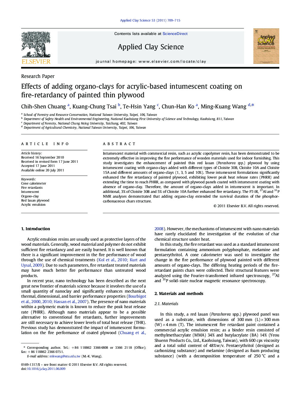 Effects of adding organo-clays for acrylic-based intumescent coating on fire-retardancy of painted thin plywood