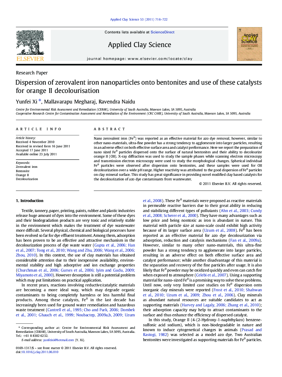 Dispersion of zerovalent iron nanoparticles onto bentonites and use of these catalysts for orange II decolourisation