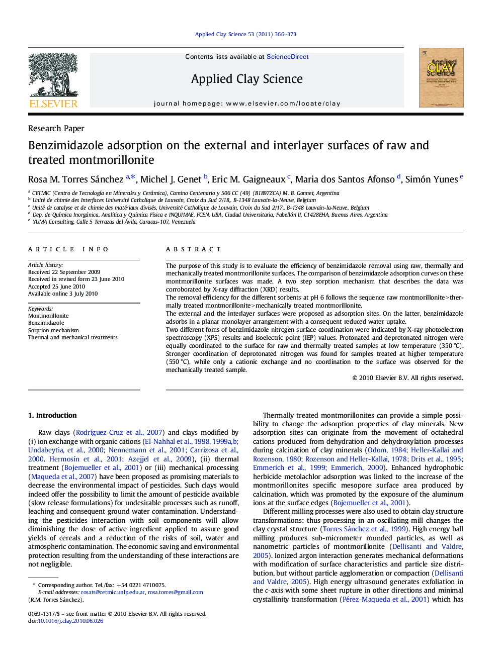 Benzimidazole adsorption on the external and interlayer surfaces of raw and treated montmorillonite