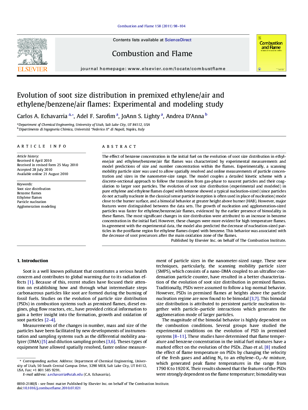 Evolution of soot size distribution in premixed ethylene/air and ethylene/benzene/air flames: Experimental and modeling study