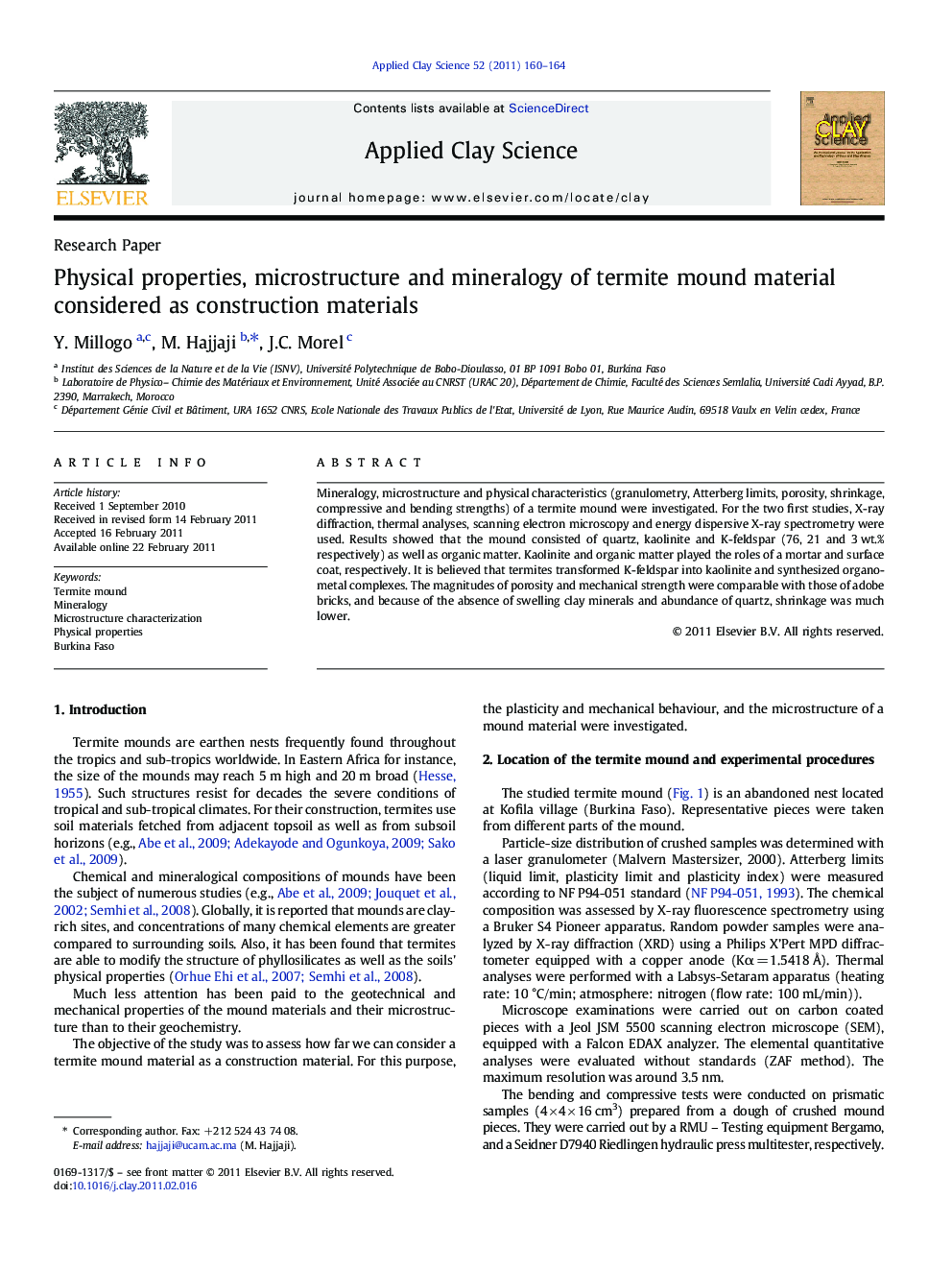 Physical properties, microstructure and mineralogy of termite mound material considered as construction materials