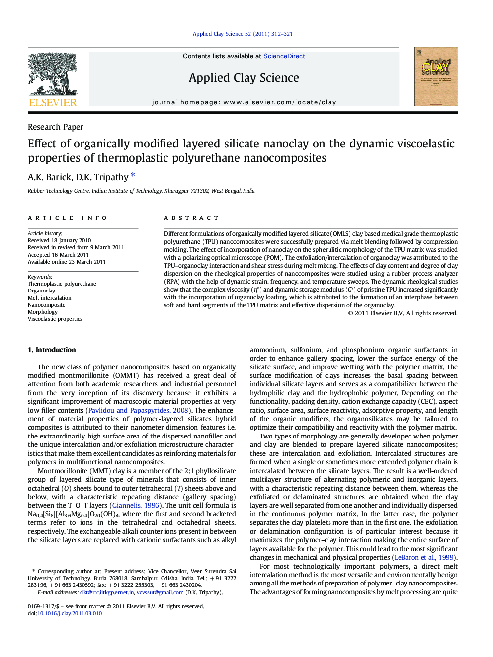 Effect of organically modified layered silicate nanoclay on the dynamic viscoelastic properties of thermoplastic polyurethane nanocomposites