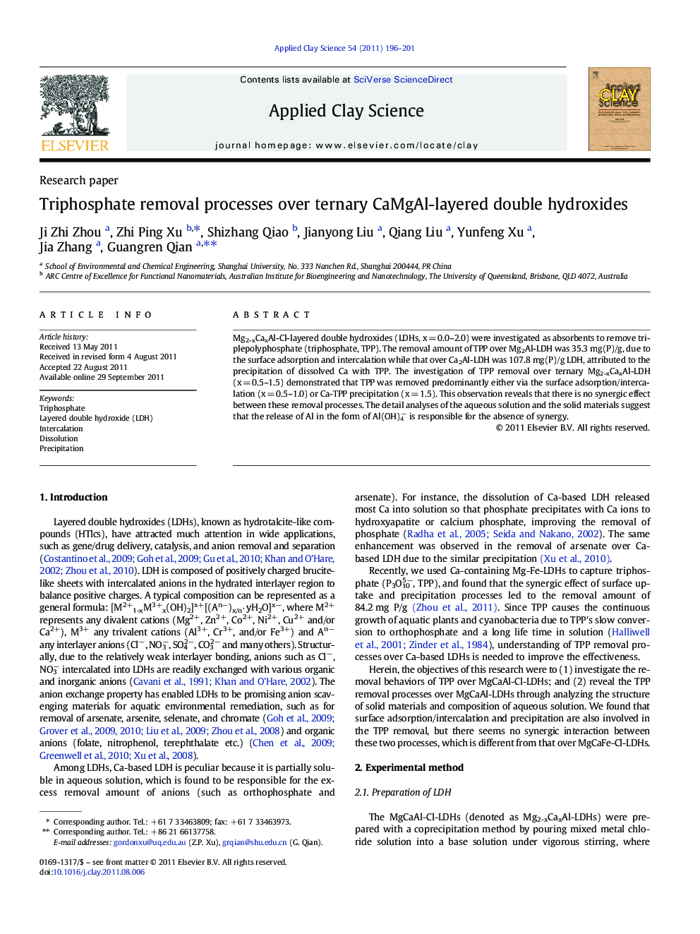 Triphosphate removal processes over ternary CaMgAl-layered double hydroxides