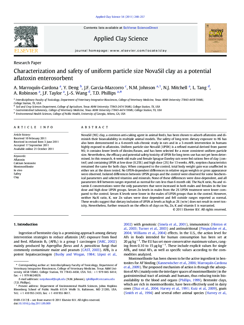 Characterization and safety of uniform particle size NovaSil clay as a potential aflatoxin enterosorbent