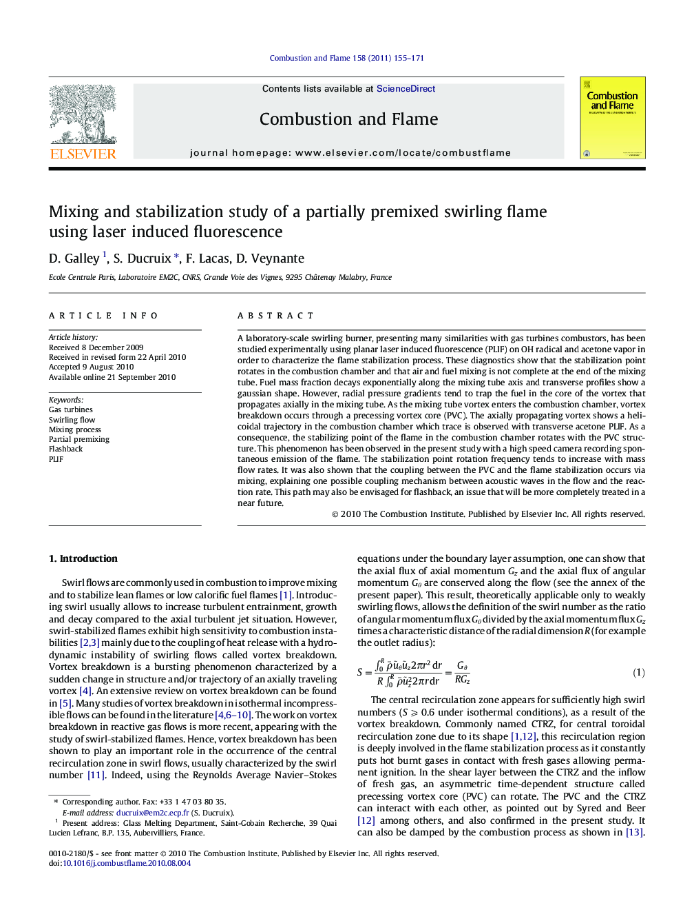 Mixing and stabilization study of a partially premixed swirling flame using laser induced fluorescence