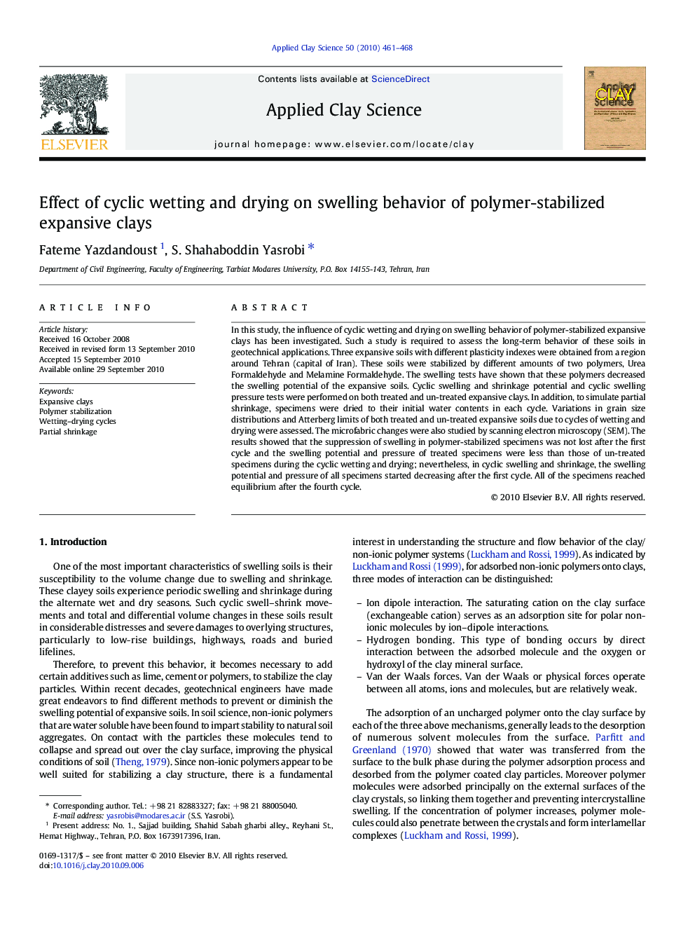 عکس صفحه اول مقاله: Effect of cyclic wetting and drying on swelling behavior of polymer-stabilized expansive clays Effect of cyclic wetting and drying on swelling behavior of polymer-stabilized expansive clays