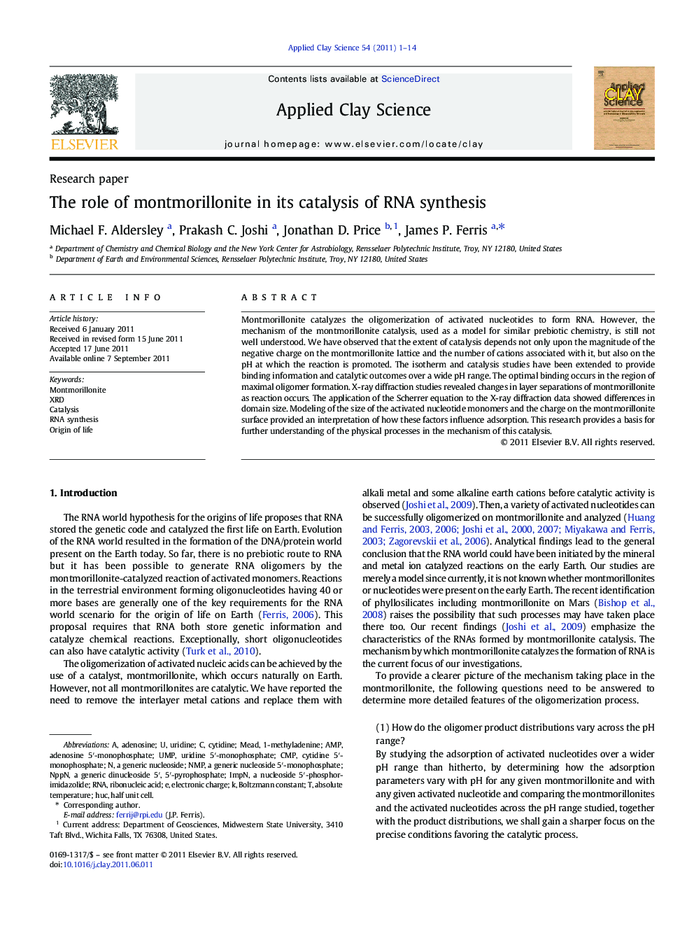 The role of montmorillonite in its catalysis of RNA synthesis