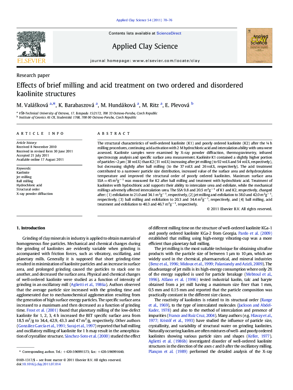 Effects of brief milling and acid treatment on two ordered and disordered kaolinite structures