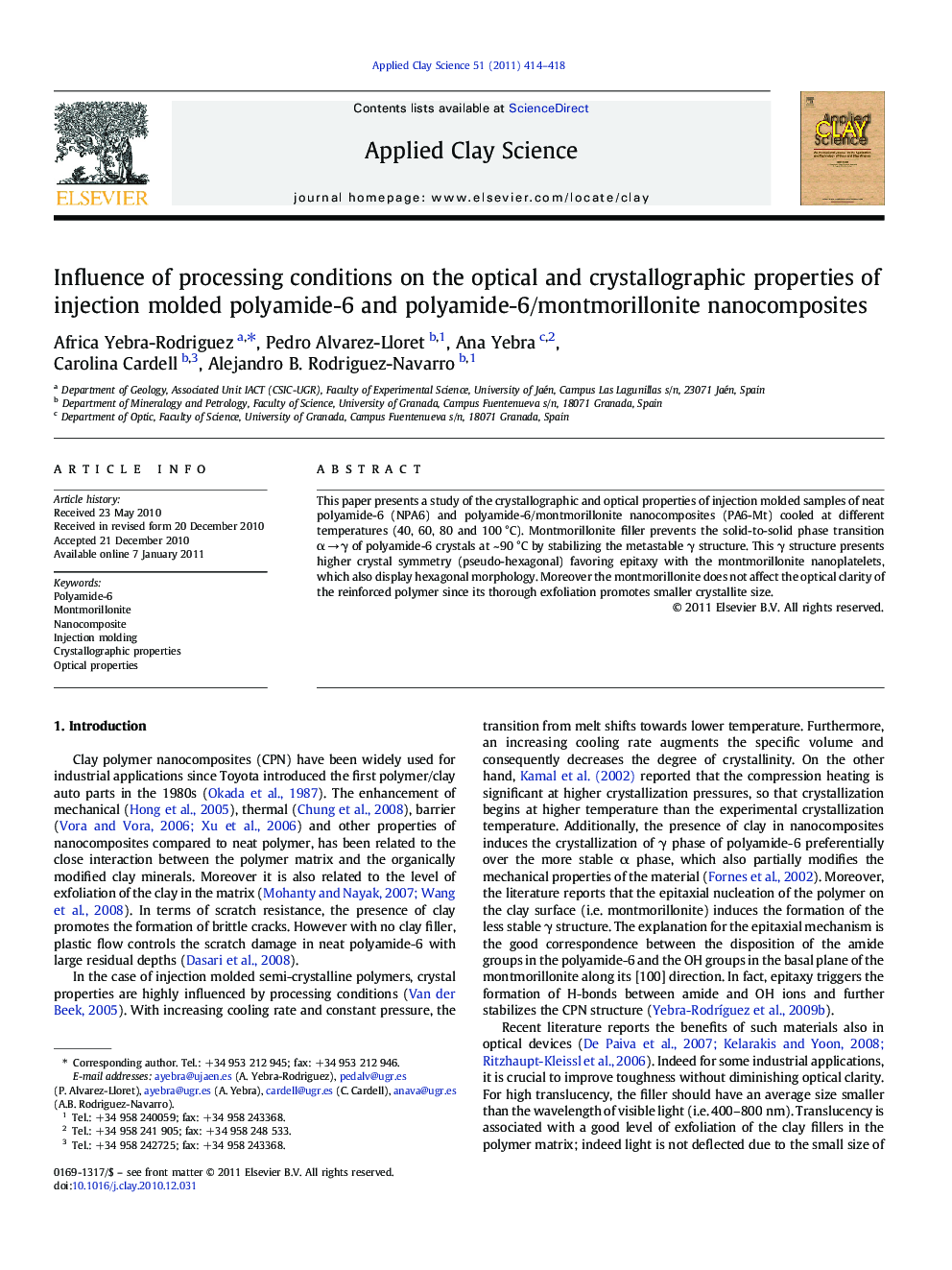 Influence of processing conditions on the optical and crystallographic properties of injection molded polyamide-6 and polyamide-6/montmorillonite nanocomposites