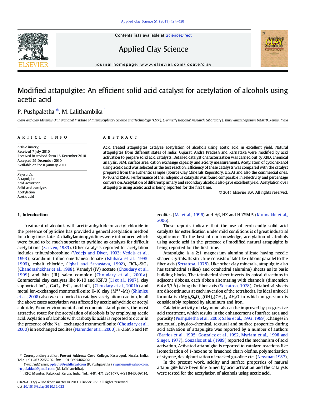 Modified attapulgite: An efficient solid acid catalyst for acetylation of alcohols using acetic acid