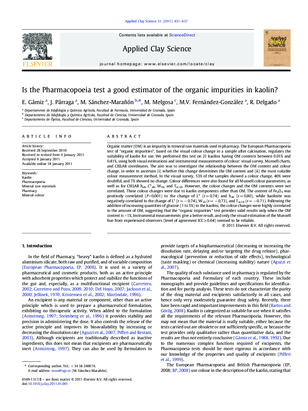 Is the Pharmacopoeia test a good estimator of the organic impurities in kaolin?