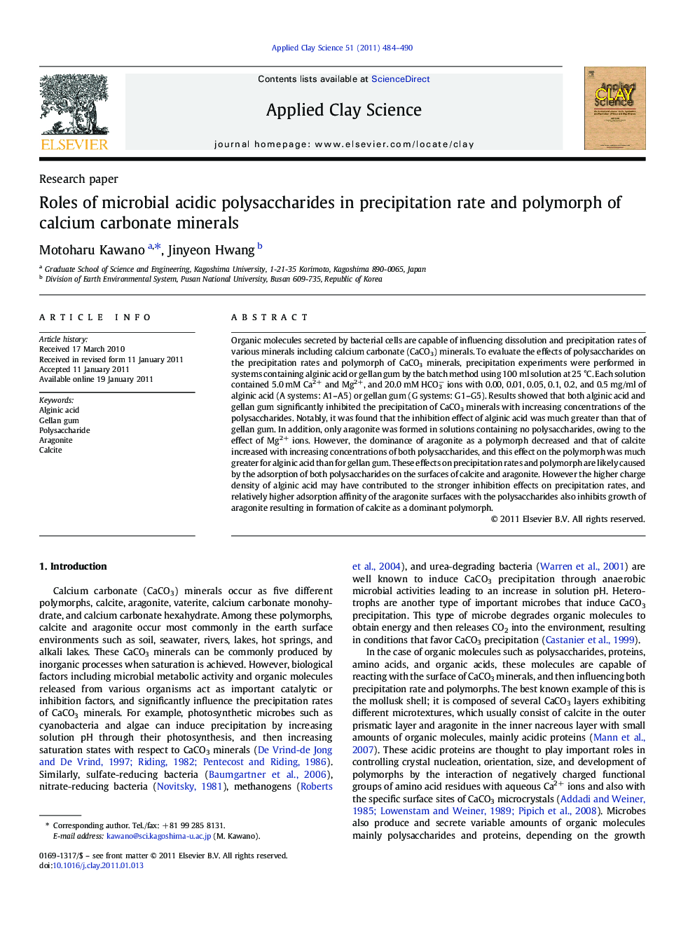 عکس صفحه اول مقاله: Roles of microbial acidic polysaccharides in precipitation rate and polymorph of calcium carbonate minerals Roles of microbial acidic polysaccharides in precipitation rate and polymorph of calcium carbonate minerals