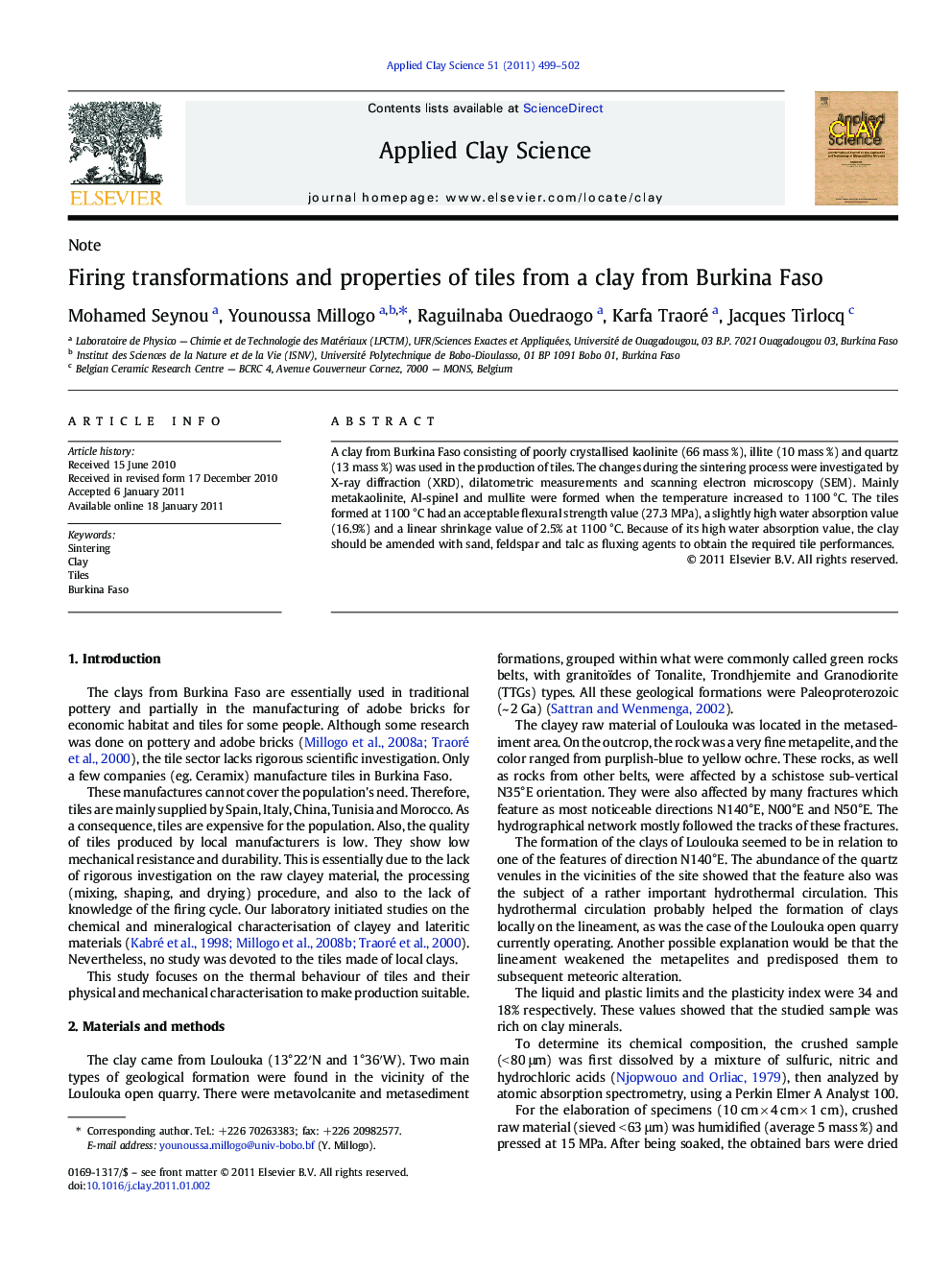 Firing transformations and properties of tiles from a clay from Burkina Faso