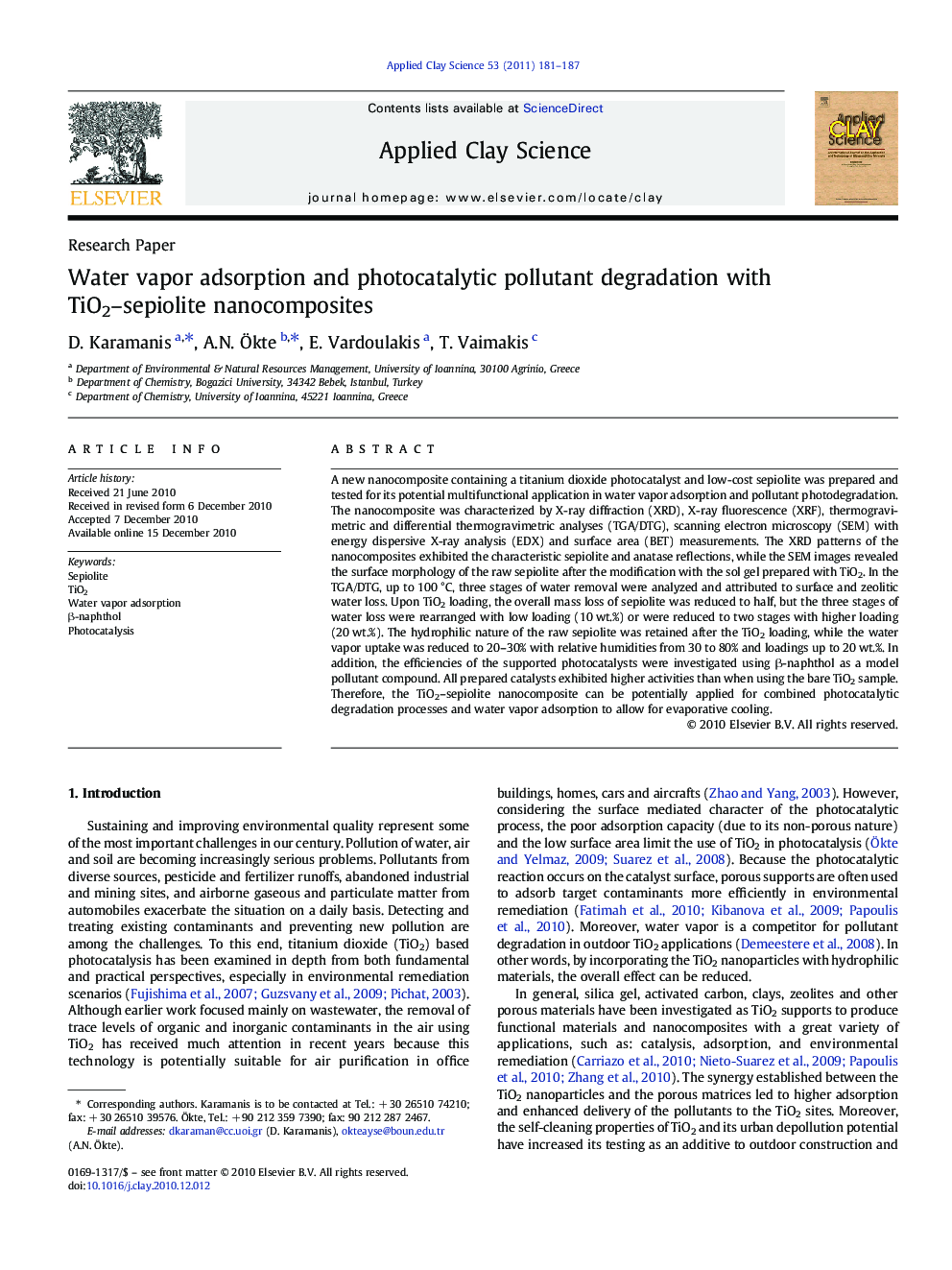 عکس صفحه اول مقاله: Water vapor adsorption and photocatalytic pollutant degradation with TiO2–sepiolite nanocomposites Water vapor adsorption and photocatalytic pollutant degradation with TiO2–sepiolite nanocomposites