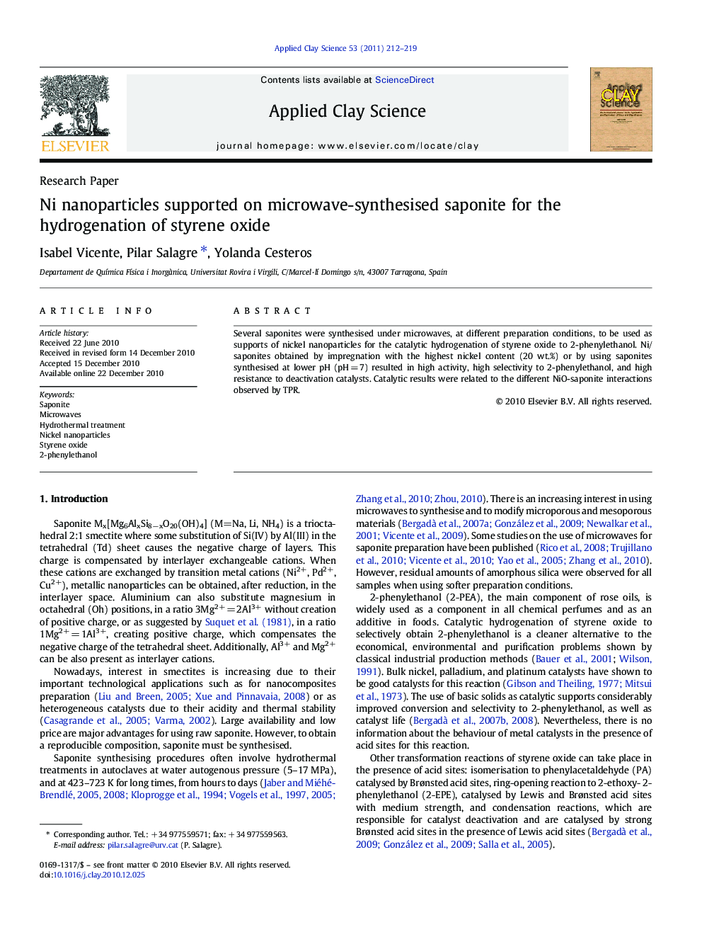 عکس صفحه اول مقاله: Ni nanoparticles supported on microwave-synthesised saponite for the hydrogenation of styrene oxide Ni nanoparticles supported on microwave-synthesised saponite for the hydrogenation of styrene oxide