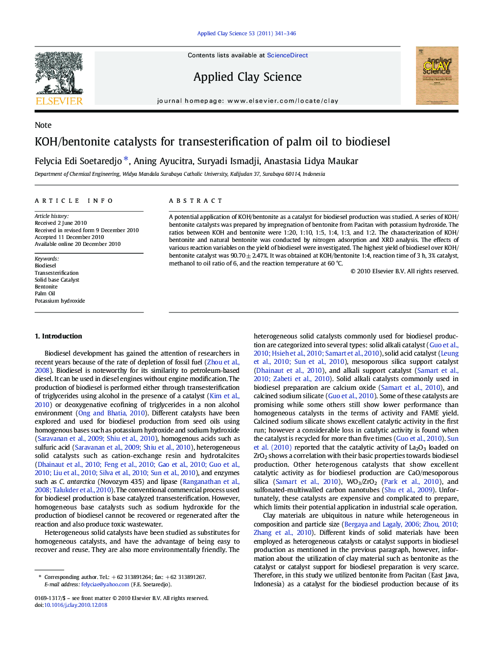 KOH/bentonite catalysts for transesterification of palm oil to biodiesel