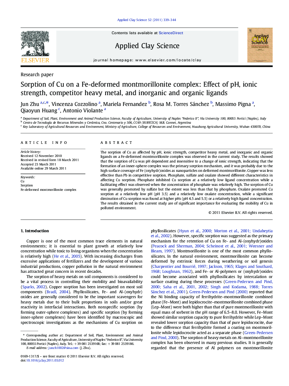 Sorption of Cu on a Fe-deformed montmorillonite complex: Effect of pH, ionic strength, competitor heavy metal, and inorganic and organic ligands