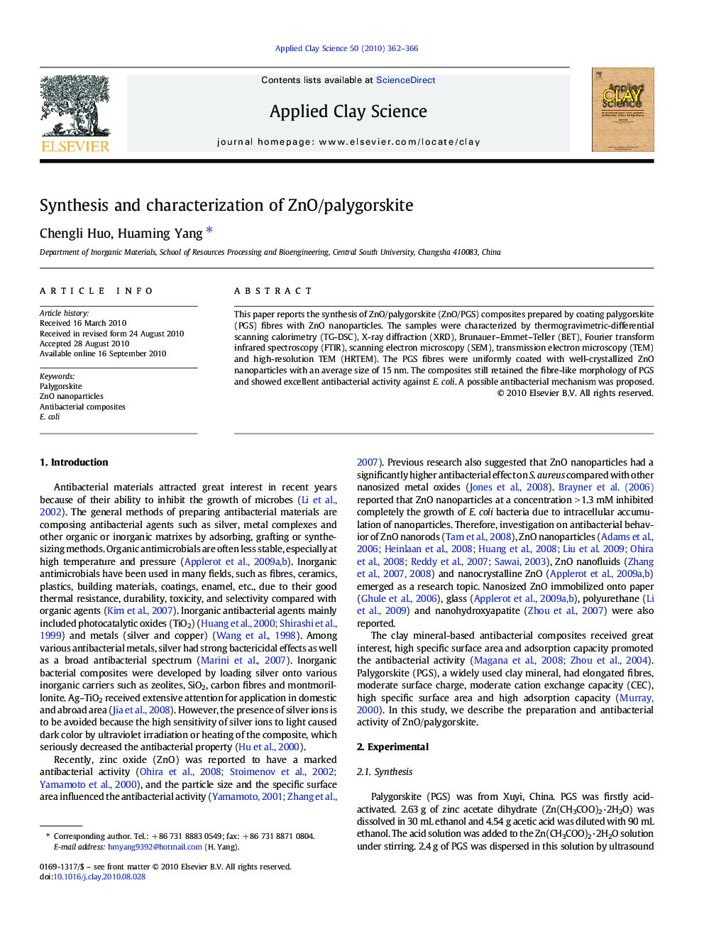 عکس صفحه اول مقاله: Synthesis and characterization of ZnO/palygorskite Synthesis and characterization of ZnO/palygorskite