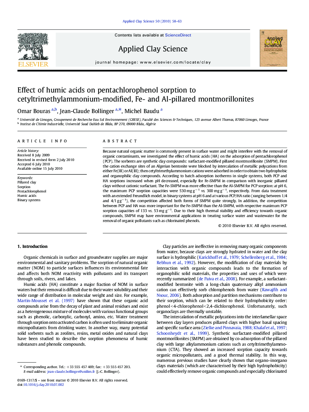 Effect of humic acids on pentachlorophenol sorption to cetyltrimethylammonium-modified, Fe- and Al-pillared montmorillonites