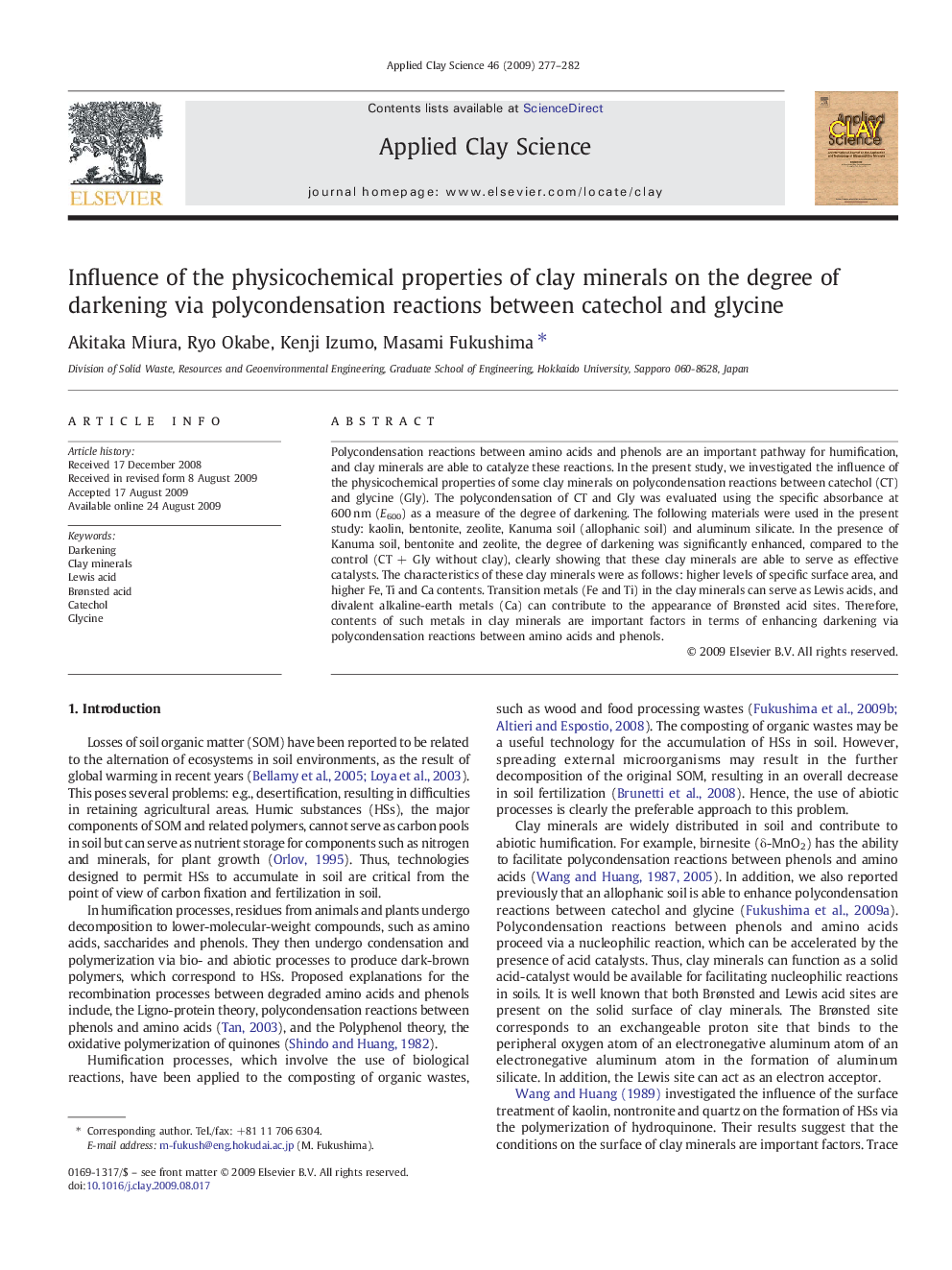 Influence of the physicochemical properties of clay minerals on the degree of darkening via polycondensation reactions between catechol and glycine