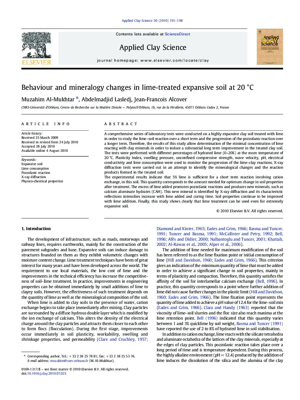 Behaviour and mineralogy changes in lime-treated expansive soil at 20 °C