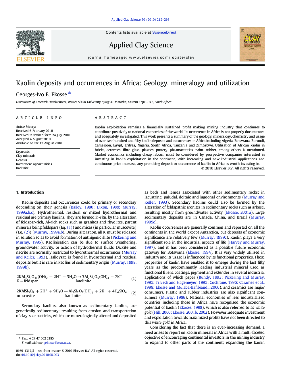 Kaolin deposits and occurrences in Africa: Geology, mineralogy and utilization