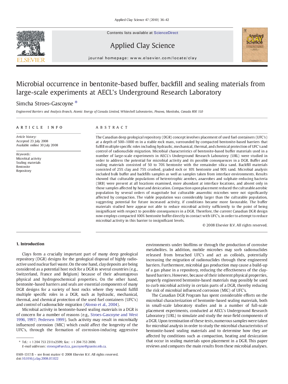 عکس صفحه اول مقاله: Microbial occurrence in bentonite-based buffer, backfill and sealing materials from large-scale experiments at AECL's Underground Research Laboratory Microbial occurrence in bentonite-based buffer, backfill and sealing materials from large-scale experiments at AECL's Underground Research Laboratory