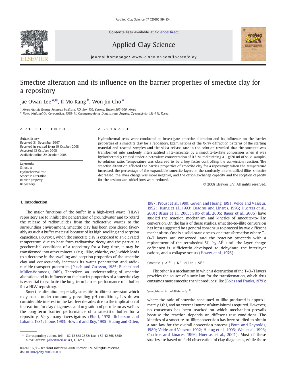 Smectite alteration and its influence on the barrier properties of smectite clay for a repository