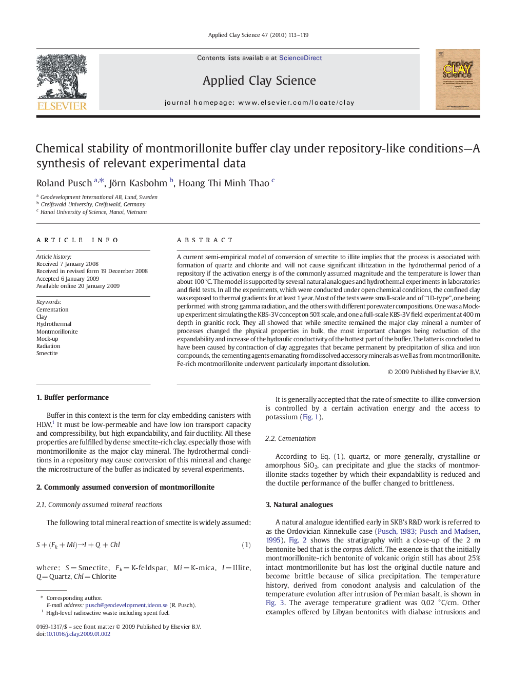 عکس صفحه اول مقاله: Chemical stability of montmorillonite buffer clay under repository-like conditions—A synthesis of relevant experimental data Chemical stability of montmorillonite buffer clay under repository-like conditions—A synthesis of relevant experimental data