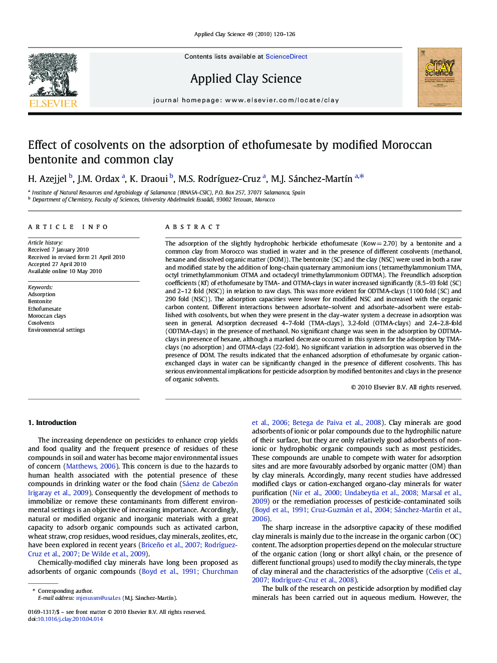 Effect of cosolvents on the adsorption of ethofumesate by modified Moroccan bentonite and common clay