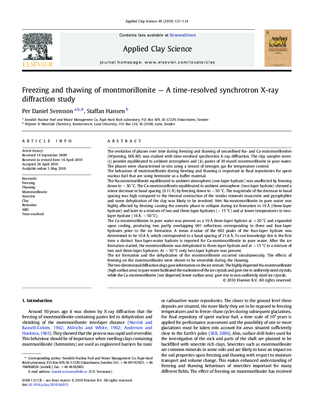 Freezing and thawing of montmorillonite — A time-resolved synchrotron X-ray diffraction study