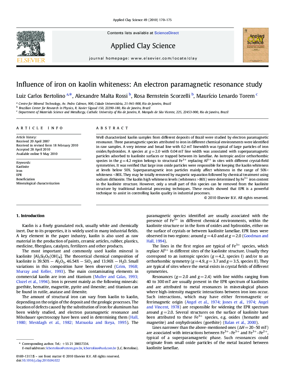 Influence of iron on kaolin whiteness: An electron paramagnetic resonance study