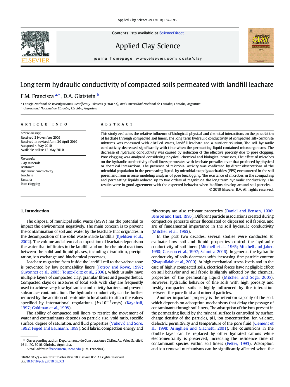 Long term hydraulic conductivity of compacted soils permeated with landfill leachate