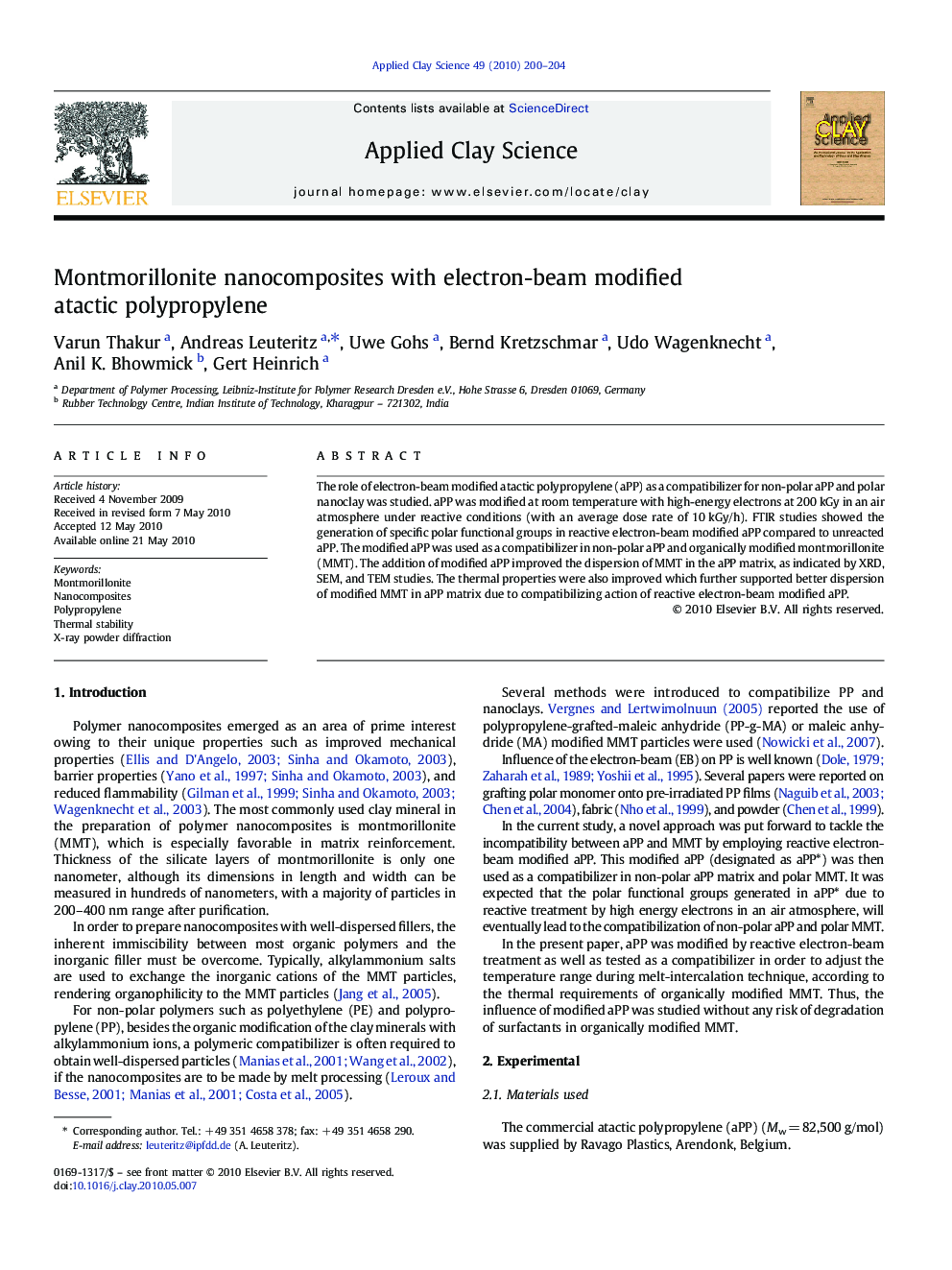 Montmorillonite nanocomposites with electron-beam modified atactic polypropylene