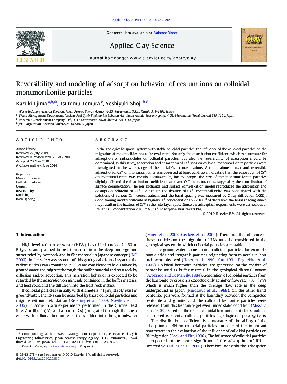 Reversibility and modeling of adsorption behavior of cesium ions on colloidal montmorillonite particles