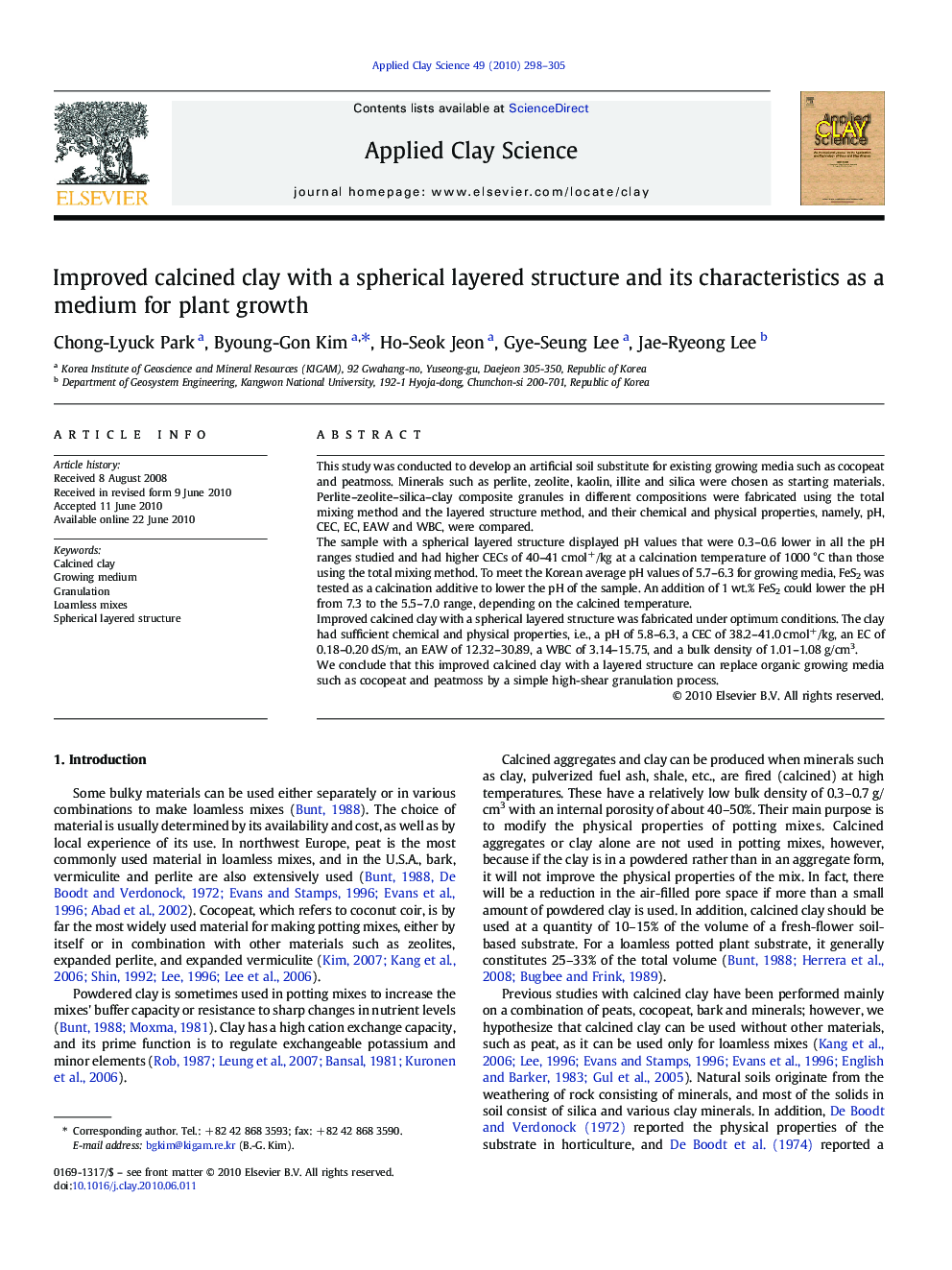 Improved calcined clay with a spherical layered structure and its characteristics as a medium for plant growth