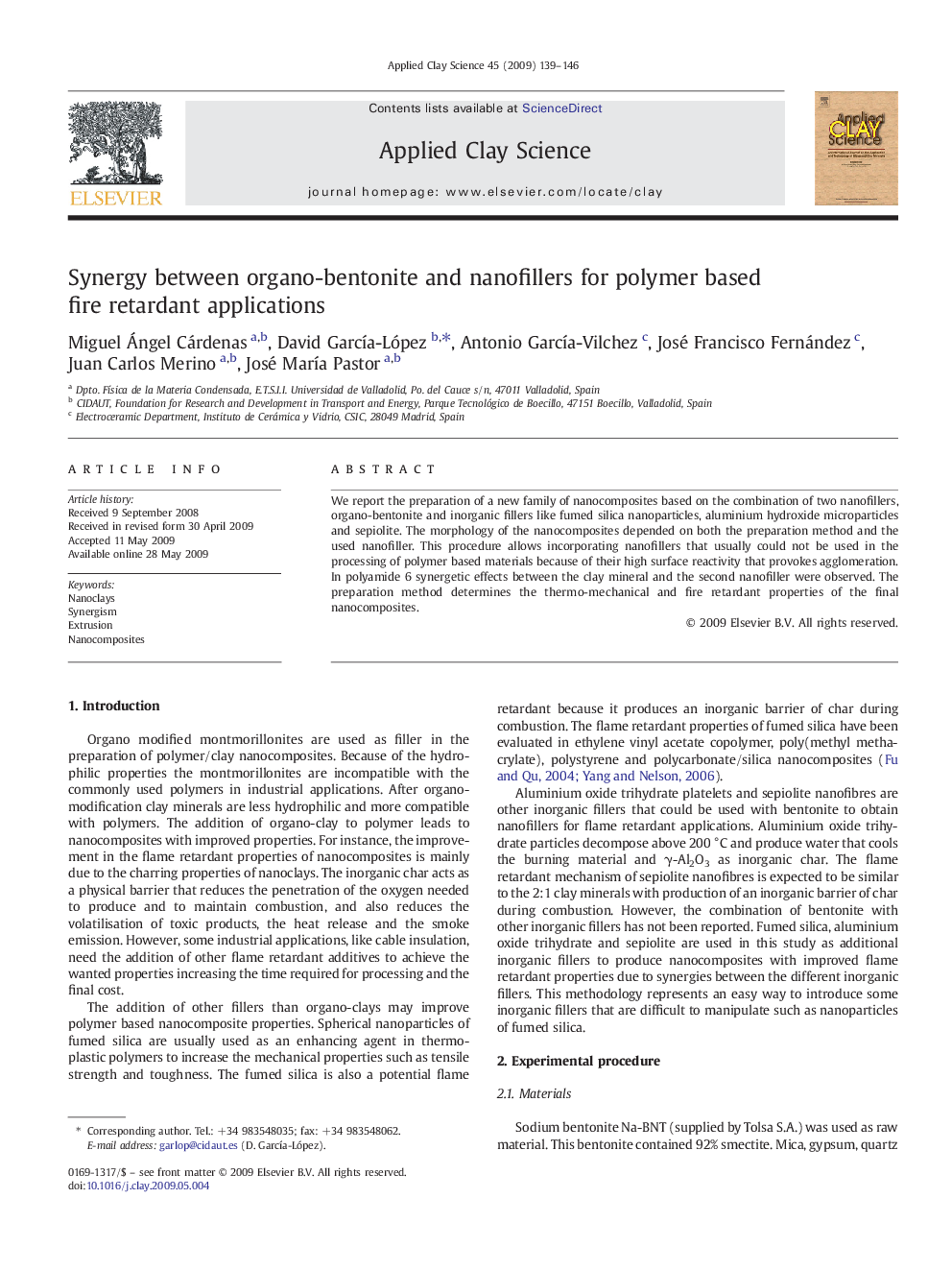 عکس صفحه اول مقاله: Synergy between organo-bentonite and nanofillers for polymer based fire retardant applications Synergy between organo-bentonite and nanofillers for polymer based fire retardant applications