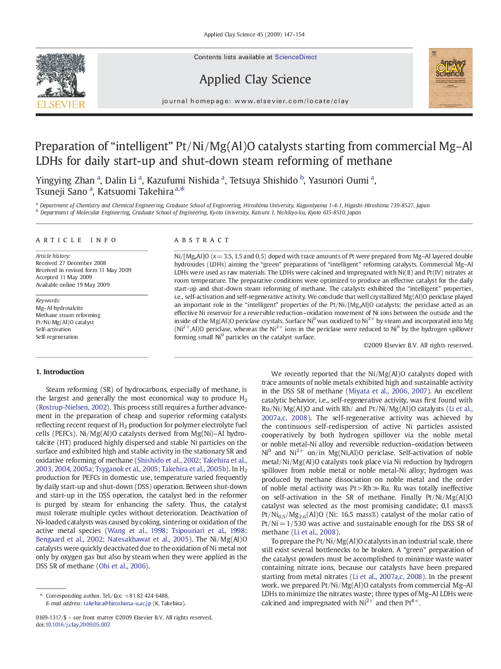 Preparation of “intelligent” Pt/Ni/Mg(Al)O catalysts starting from commercial Mg–Al LDHs for daily start-up and shut-down steam reforming of methane