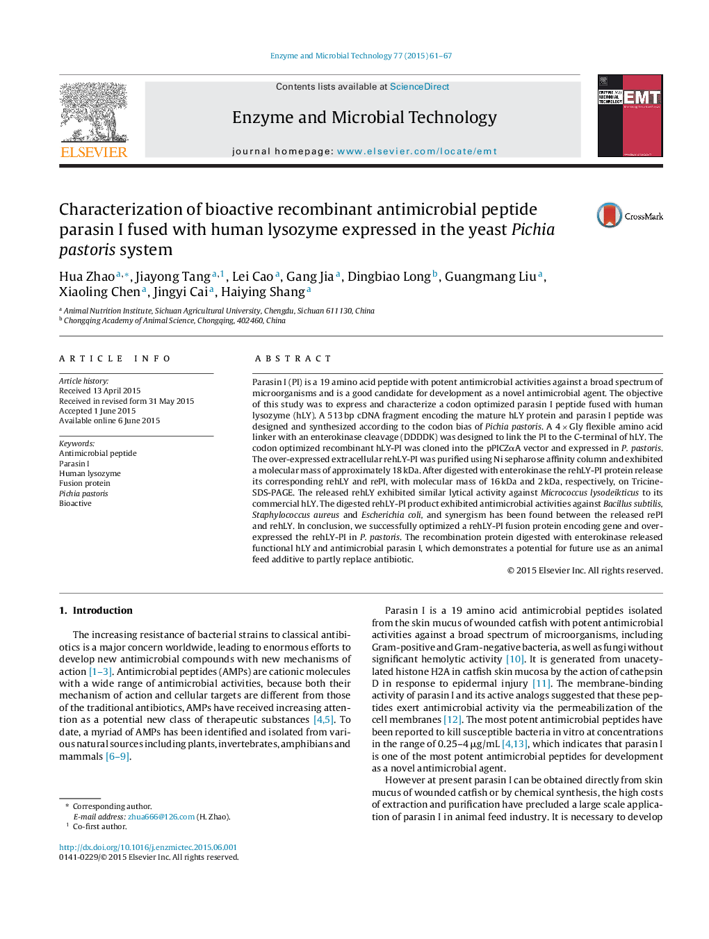 Characterization of bioactive recombinant antimicrobial peptide parasin I fused with human lysozyme expressed in the yeast Pichia pastoris system