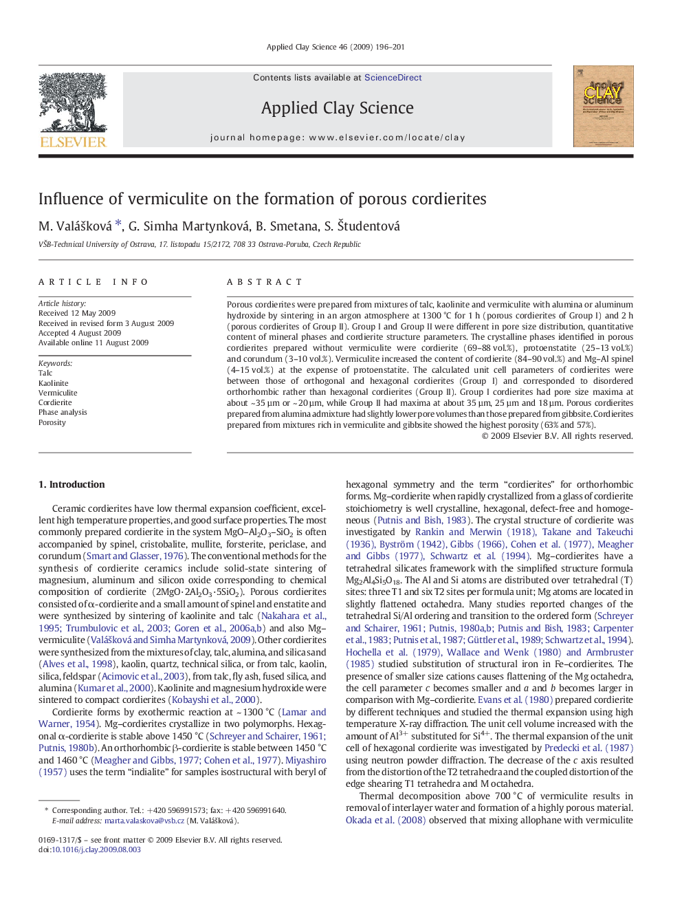 Influence of vermiculite on the formation of porous cordierites